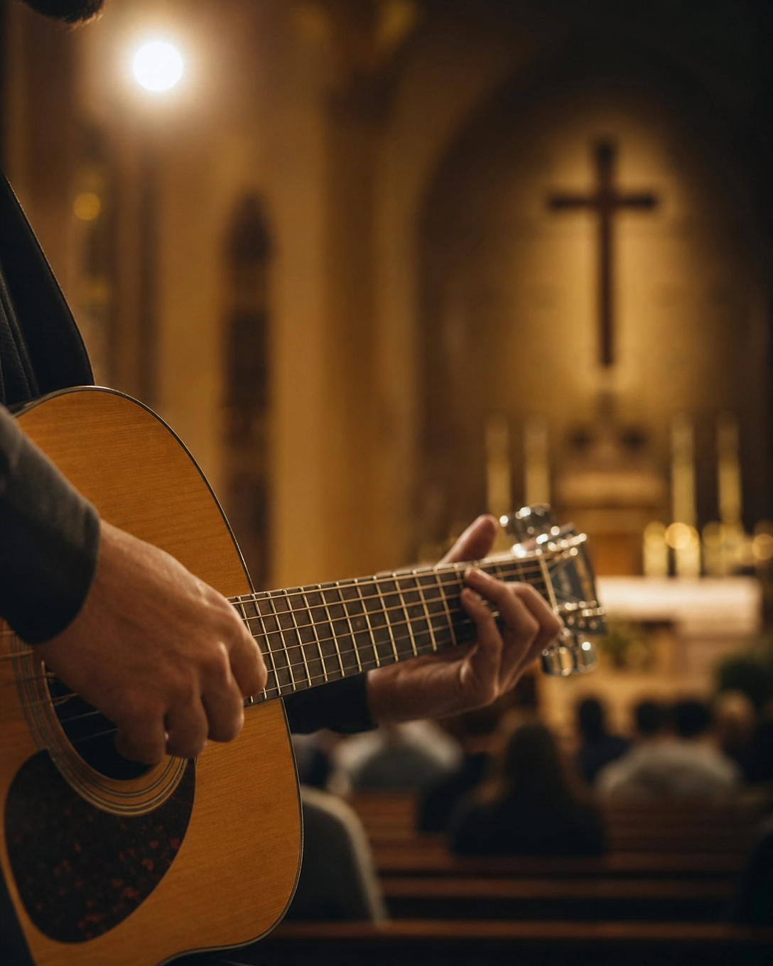 Manos tocando guitarra bajo luz cálida de culto, con cruz al fondo