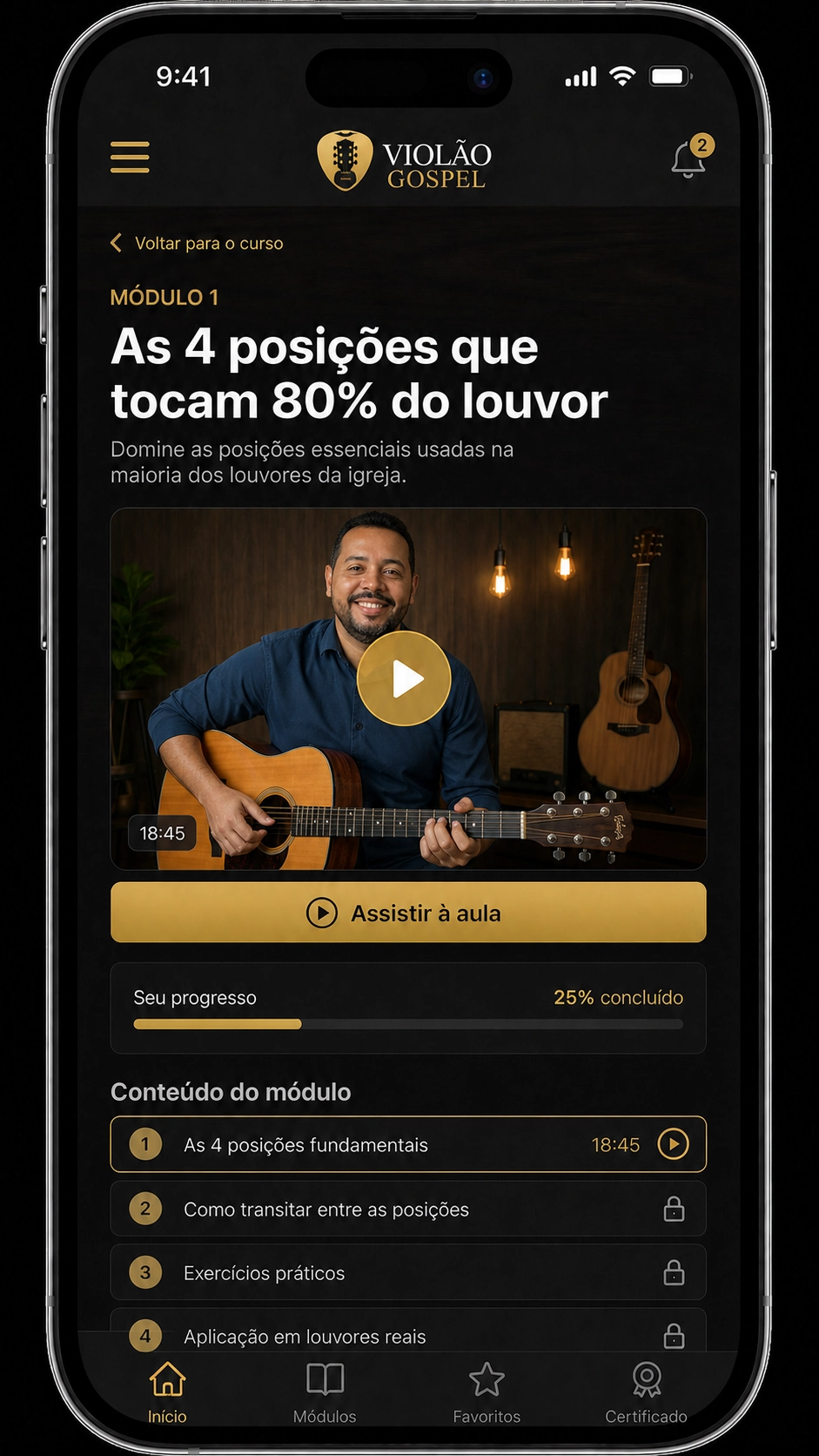Visualização do app Violão Gospel em um celular mostrando o Módulo 1
